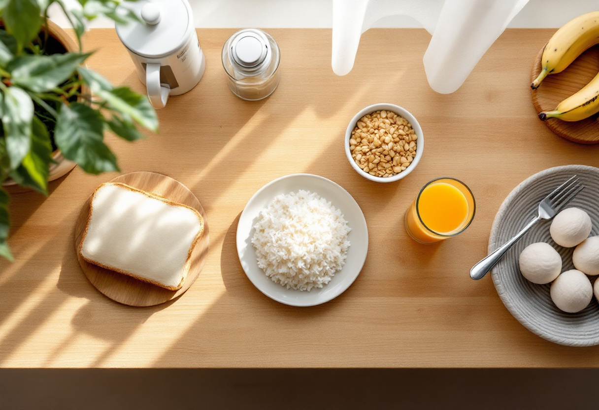 Хранителни продукти, наредени на кухненски плот