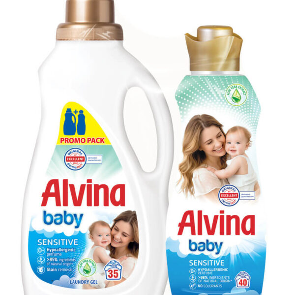 Alvina Baby Aloe Vera Перилен препарат за бебешки дрехи 1575 мл + Alvina Baby Sensitive Омекотител за чувствителна кожа 880 мл Комплект