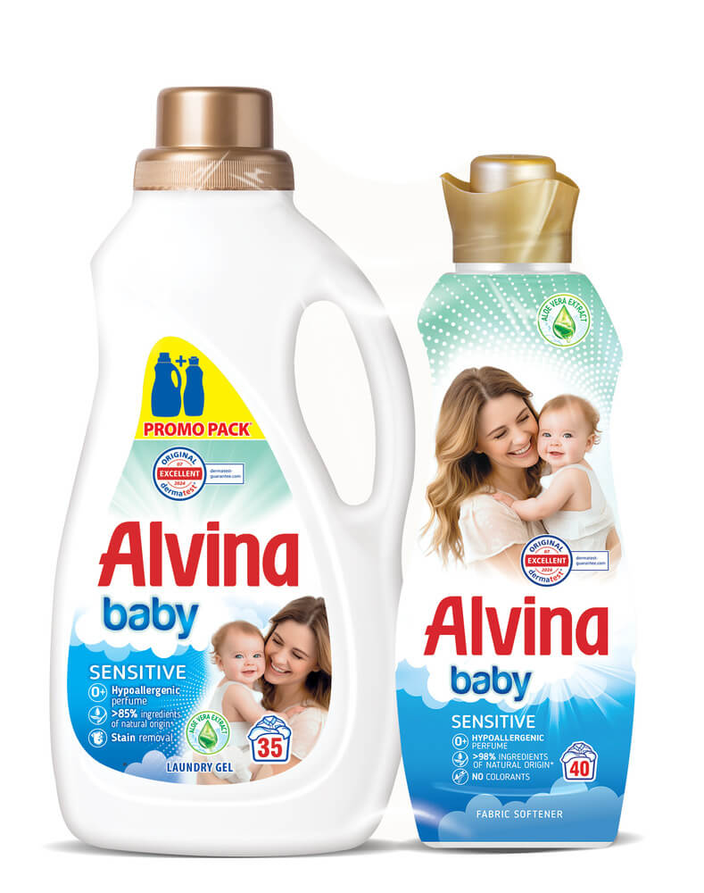 Alvina Baby Aloe Vera Перилен препарат за бебешки дрехи 1575 мл + Alvina Baby Sensitive Омекотител за чувствителна кожа 880 мл Комплект