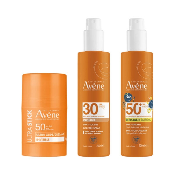 Avene Слънцезащитен невидим стик за деца и възрастни SPF50 20 г + Слънцезащитен спрей за деца SPF50+ 200 мл + Слънцезащитен спрей за лице и тяло невидим SPF30 200 мл Комплект