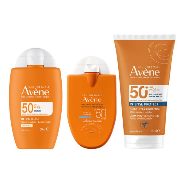 Avene Слънцезащитен Ултра флуид за лице SPF50+ 50 мл + Слънцезащитен флуид за лице и тяло за цялото семейство SPF50+ 30 мл + Слънцезащитен водоустойчив флуид SPF50+ 150 мл
