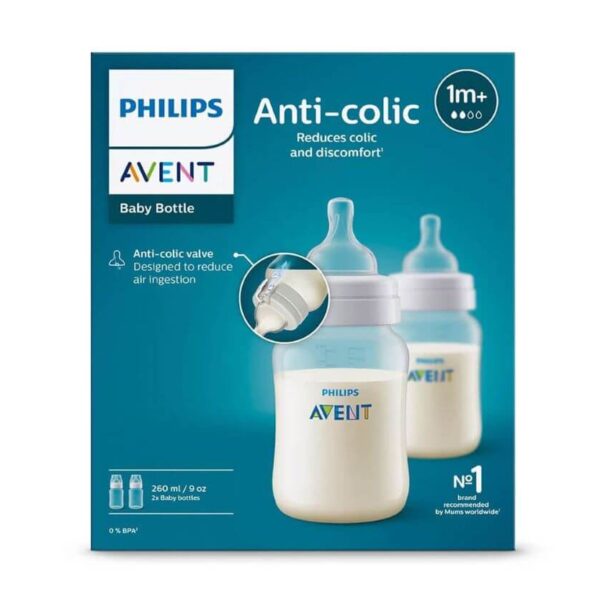 Avent Anti-Colic Бутилка с биберон със слаб поток 1М+ 260 мл х 2 бр