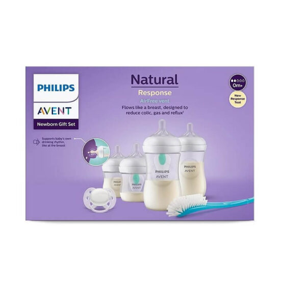 Avent Бутилка Natural Response AirFree 0М+ 125 мл 2 бр + Бутилка Natural Response AirFree 1М+ 260 мл 2 бр + 2 клапи AirFree + Avent Ultra Soft Ортодонтична залъгалка 0-6М + четка Комплект