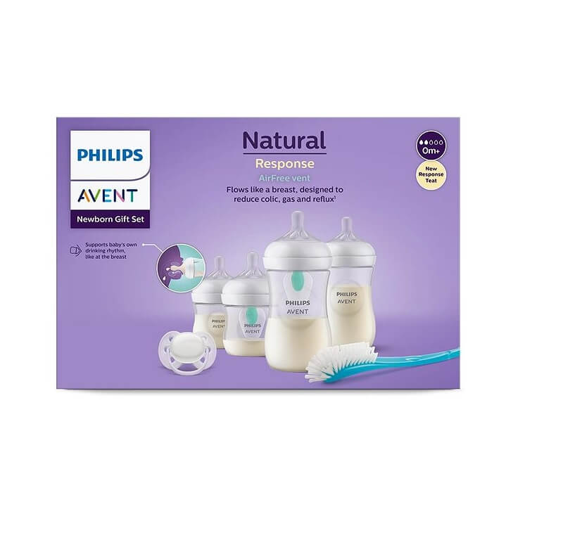 Avent Бутилка Natural Response AirFree 0М+ 125 мл 2 бр + Бутилка Natural Response AirFree 1М+ 260 мл 2 бр + 2 клапи AirFree + Avent Ultra Soft Ортодонтична залъгалка 0-6М + четка Комплект