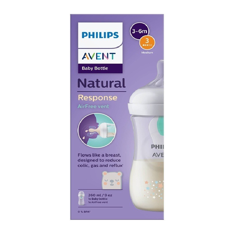 Avent Natural Response AirFree Шише с биберон с картинка за момиче 1M+ 260 мл