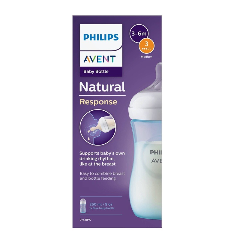 Avent Natural Response AirFree Шише с биберон с поток 3, синьо 3-6М 260 мл