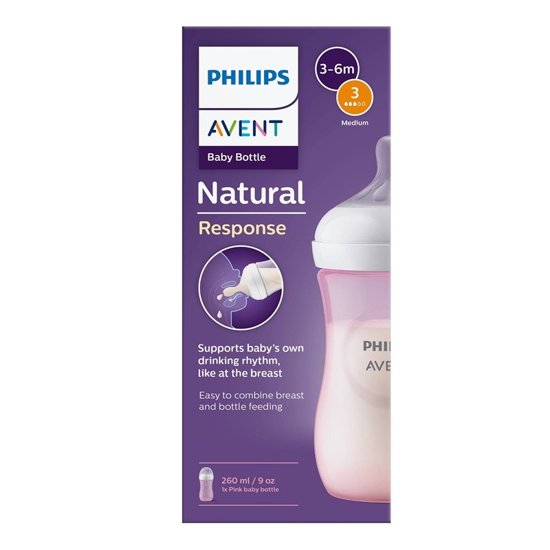 Avent Natural Response Бутилка с биберон със среден поток 3, розова 3-6М 260 мл