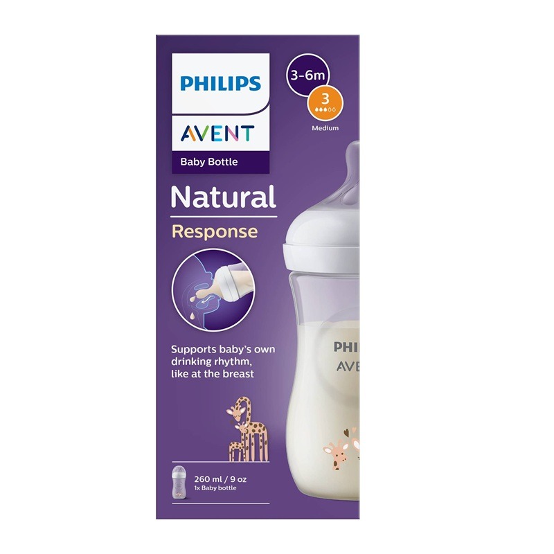 Avent Natural Response Бутилка с биберон със среден поток с картинка за момиче 3-6М 260 мл