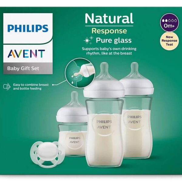Avent Natural Response Стъклена бутилка 120 мл 0М+ х1 бр + Стъклена бутилка 240 мл 1М+ х2 бр + Avent Ultra Soft Залъгалка 0-6М Комплект