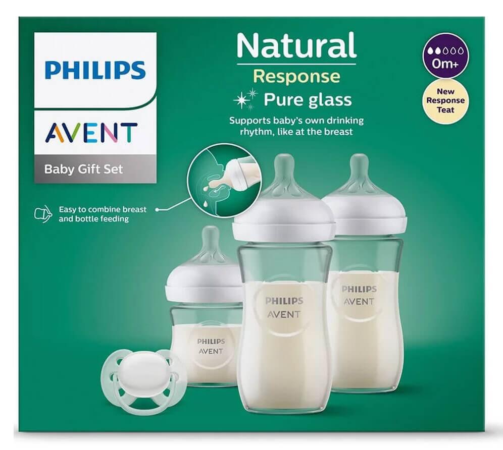 Avent Natural Response Стъклена бутилка 120 мл 0М+ х1 бр + Стъклена бутилка 240 мл 1М+ х2 бр + Avent Ultra Soft Залъгалка 0-6М Комплект