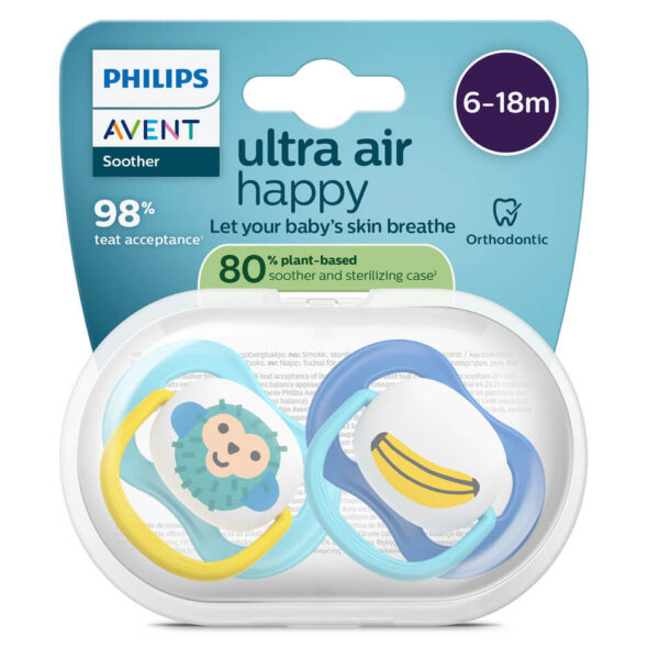 Avent Ultra Air Ортодонтична залъгалка маймуна 6-18М x 2 броя