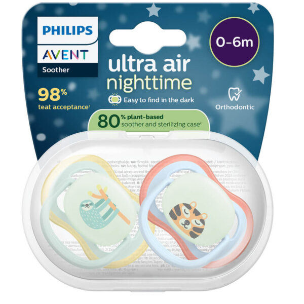 Avent Ultra Air Ортодонтична залъгалка нощна ленивец 0-6М x 2 броя