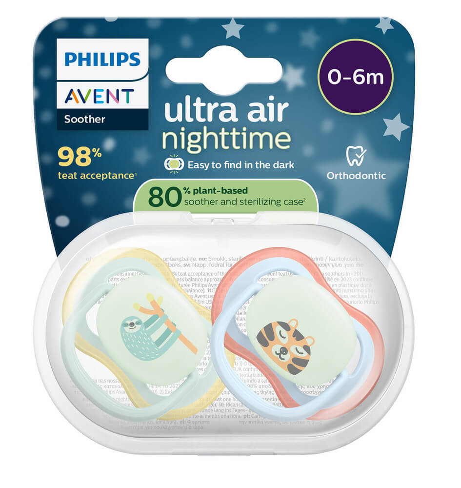 Avent Ultra Air Ортодонтична залъгалка нощна ленивец 0-6М x 2 броя