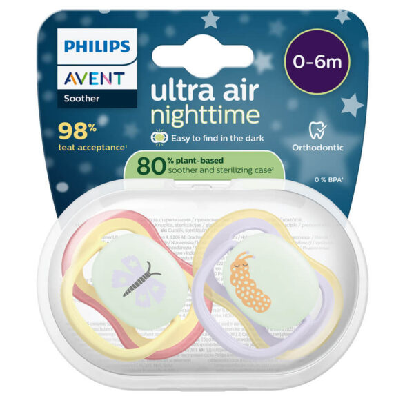 Avent Ultra Air Ортодонтична залъгалка нощна пеперуда 0-6М x 2 броя