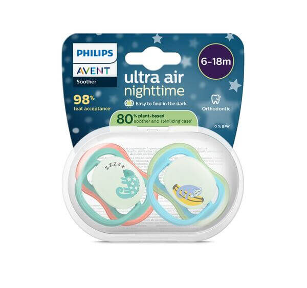 Avent Ultra Air Ортодонтична залъгалка нощна животни момче 6-18М x 2 броя