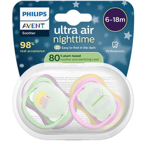 Avent Ultra Air Ортодонтична залъгалка нощна животни момиче 6-18М x 2 броя