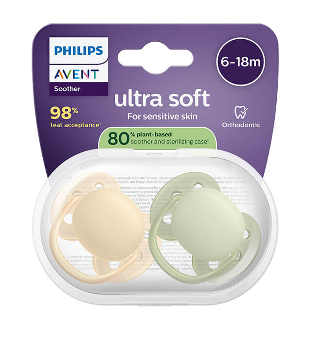 Avent Ultra Soft Ортодонтична залъгалка оранжево/зелено 6-18М x 2 броя