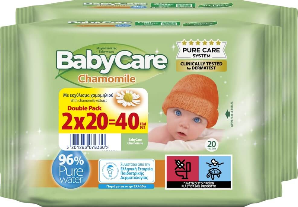 Baby Care Chamomile Бебешки мокри кърпи с екстракт от лайка 2 x 20 бр Комплект