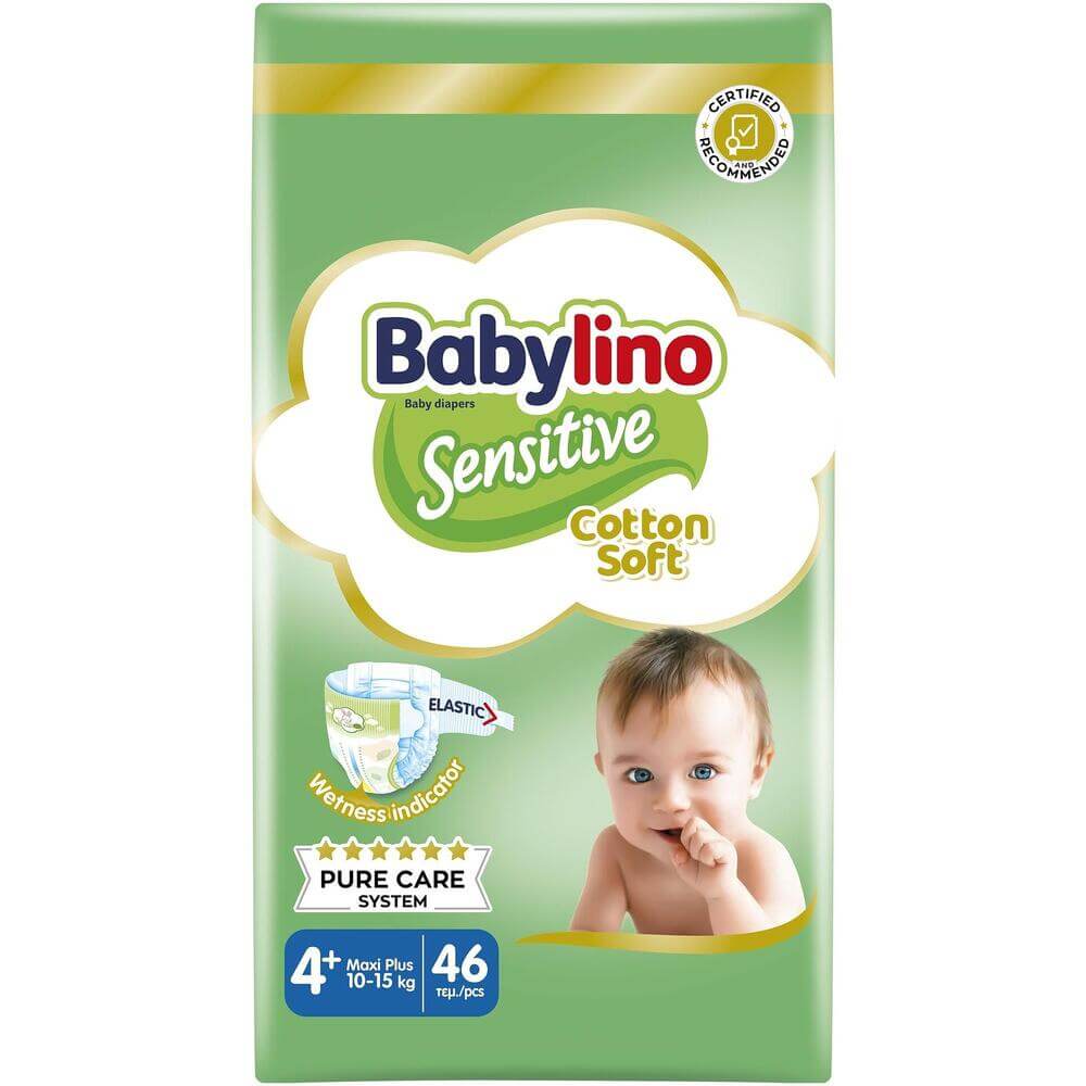 Babylino Sensitive Cotton Soft Пелени за бебета Размер 4+ Maxi Plus 10-15 кг 46 броя