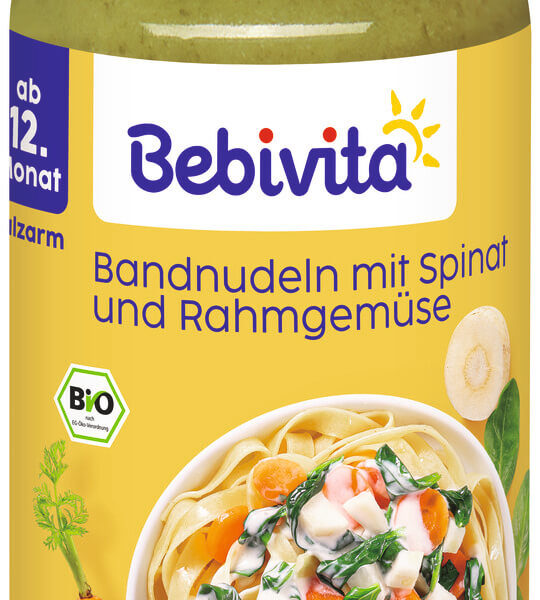 Bebivita Био пюре макарони със спанак, зеленчуци и сметана 12М+ 250 г