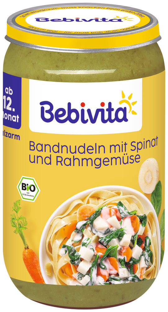 Bebivita Био пюре макарони със спанак, зеленчуци и сметана 12М+ 250 г