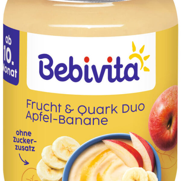Bebivita Био пюре плодов дует ябълка, банан и извара без глутен 10М+ 190 г