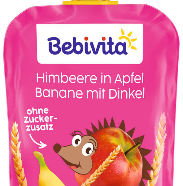 Bebivita Плодов пауч ябълка, банан, малини и спелта 12М+ 90 г