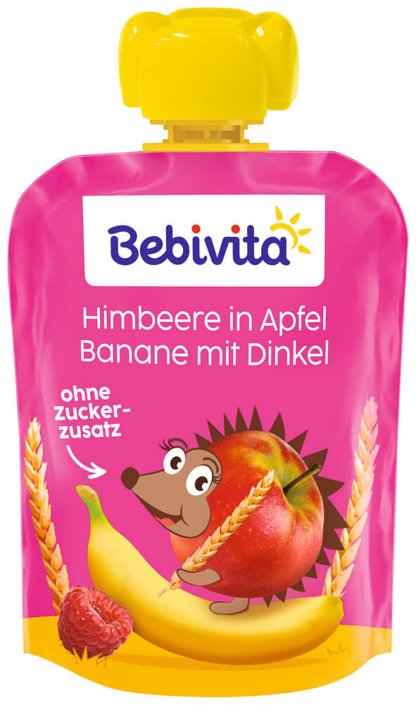 Bebivita Плодов пауч ябълка, банан, малини и спелта 12М+ 90 г