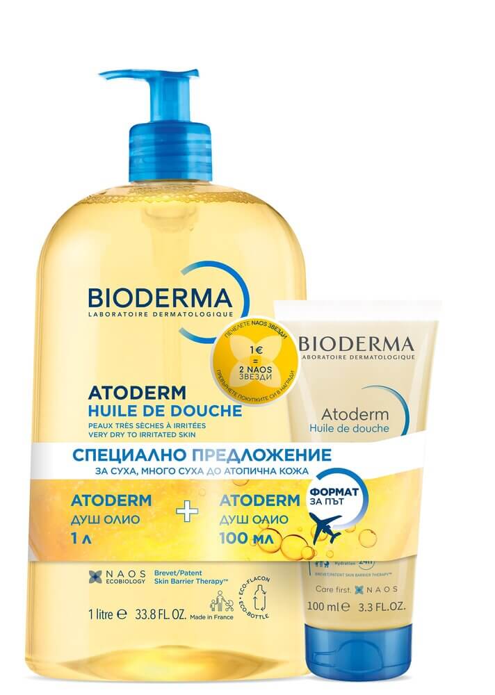 Bioderma Atoderm Душ-олио за много суха и атопична кожа 1000 мл + Bioderma Atoderm Душ-олио за много суха и атопична кожа 100 мл Комплект