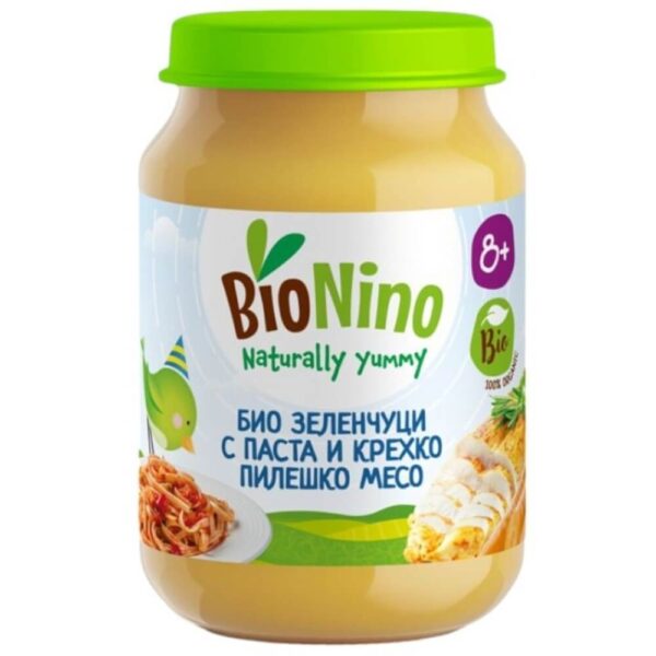 BioNino Био пюре зеленчуци с паста и пилешко месо 8М+ 190 г