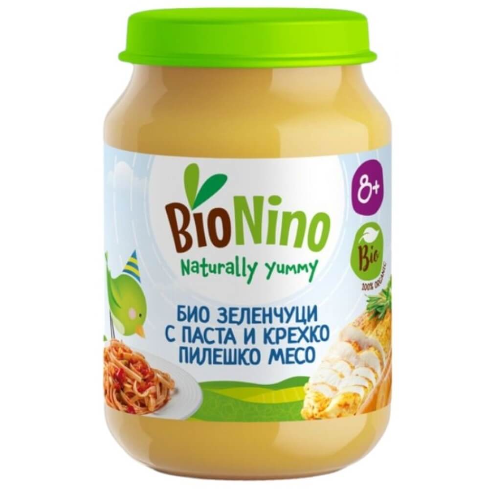 BioNino Био пюре зеленчуци с паста и пилешко месо 8М+ 190 г
