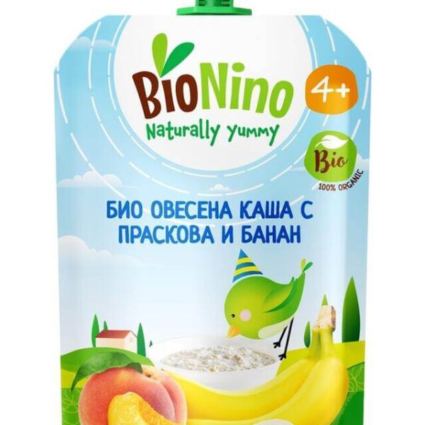 BioNino Био Плодова закуска Овесена каша с праскова и банан 4М+ 90 г