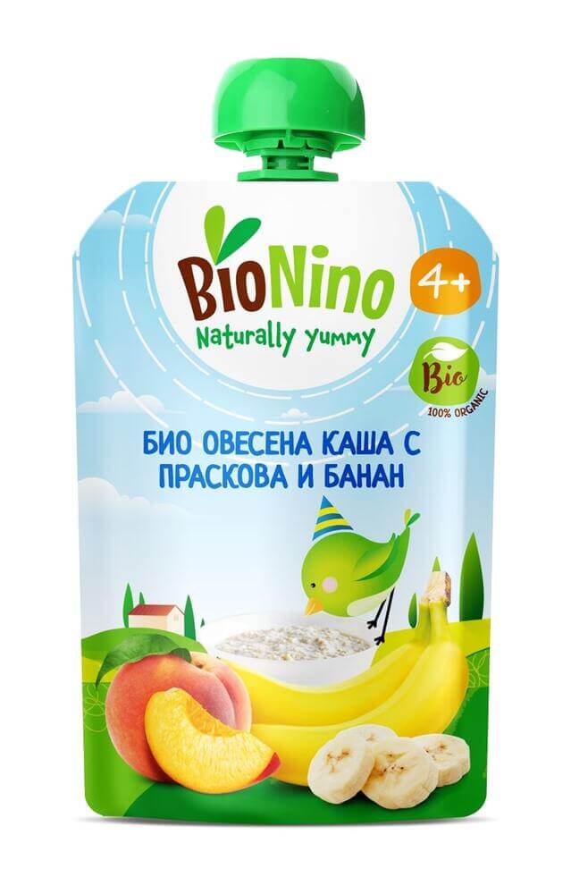 BioNino Био Плодова закуска Овесена каша с праскова и банан 4М+ 90 г