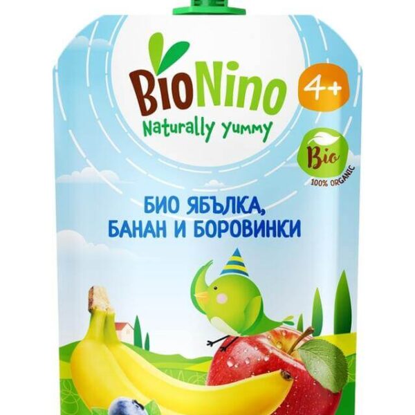 BioNino Био Плодова закуска с ябълка, банан и боровинки 4М+ 90 г