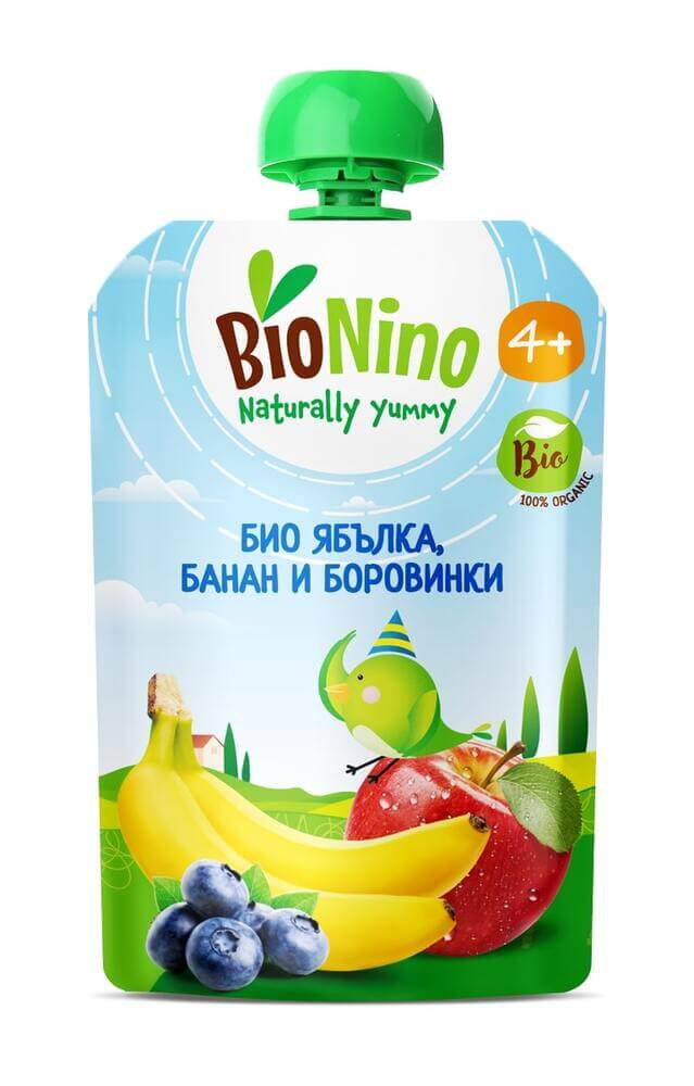 BioNino Био Плодова закуска с ябълка, банан и боровинки 4М+ 90 г