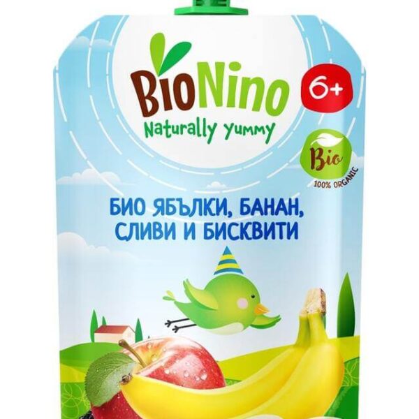 BioNino Био Плодова закуска с ябълки, банан, сливи и бисквити 6М+ 90 г