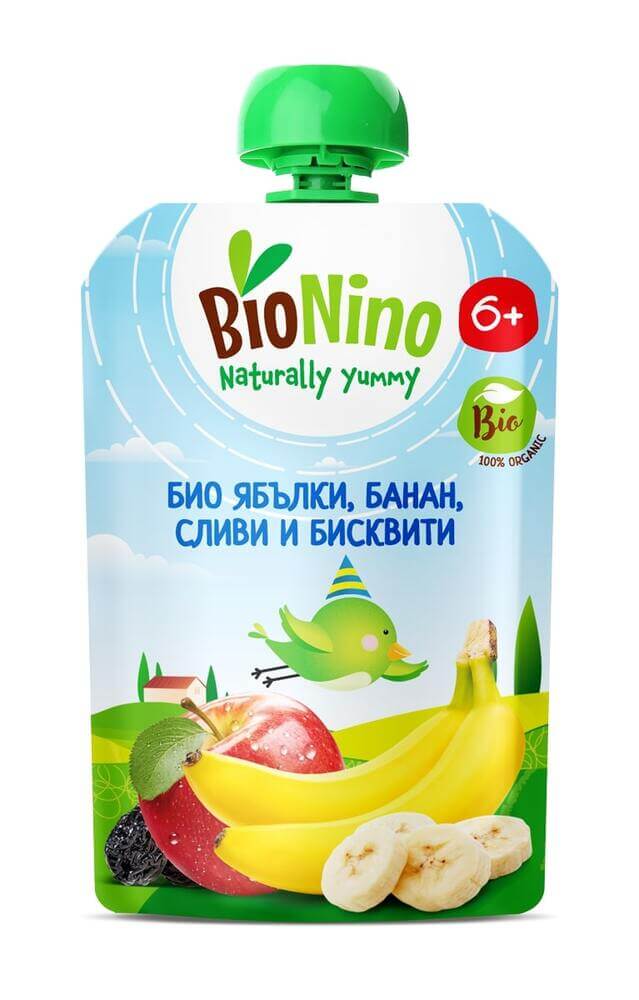 BioNino Био Плодова закуска с ябълки, банан, сливи и бисквити 6М+ 90 г