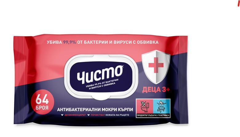Чисто Антибактериални мокри кърпи за Деца 3+ 64 бр
