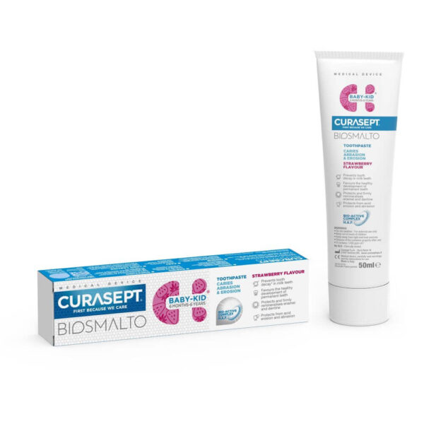 Curasept BIOSMALTO Baby-Kid Детска паста за зъби с вкус на ягода 6 м-6 г 50 мл