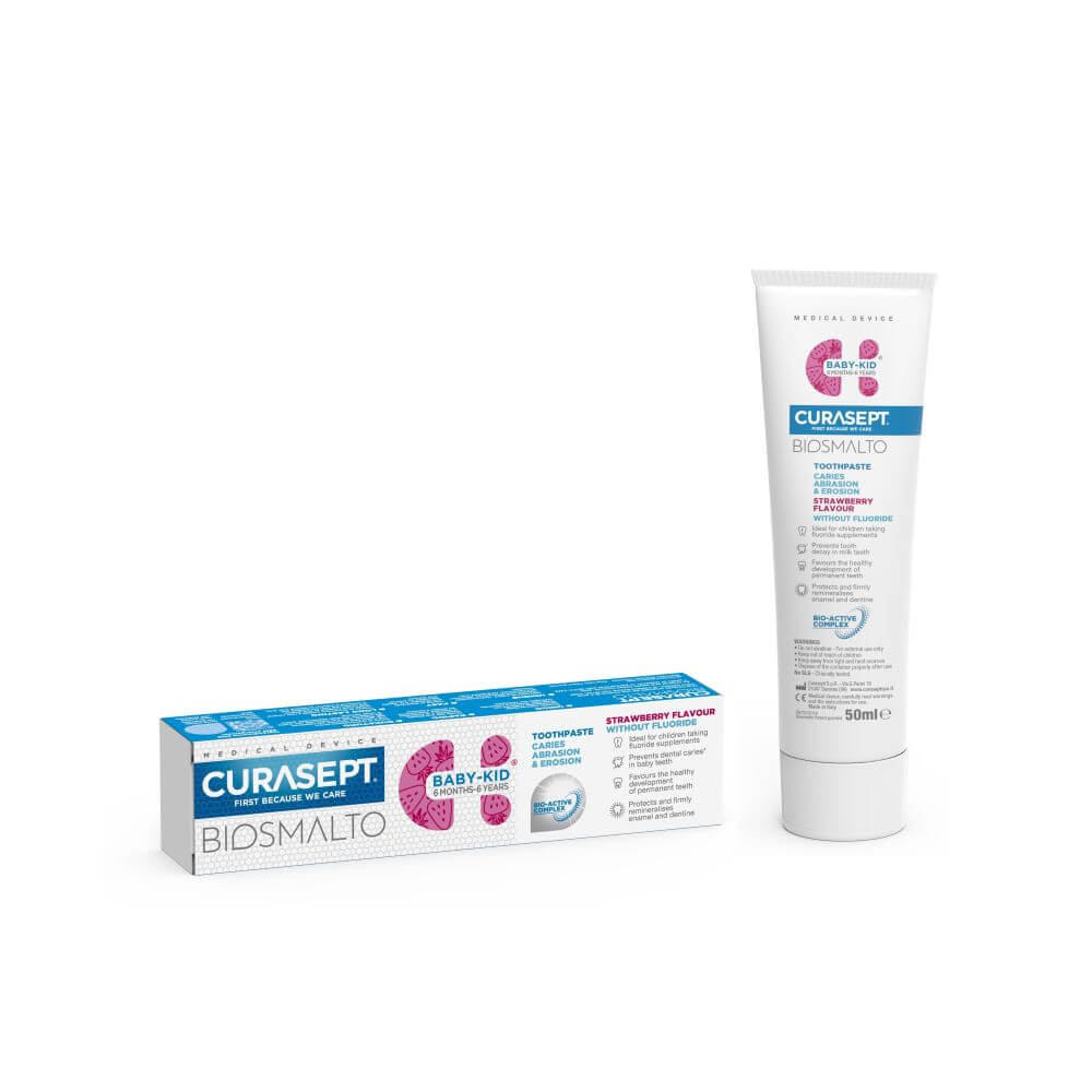 Curasept BIOSMALTO Baby-Kid Детска паста за зъби с вкус на ягода без флуор 6 м-6 г 50 мл