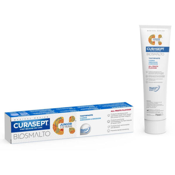 Curasept BIOSMALTO Junior Детска паста за зъби с плодов вкус 7-12 г 75 мл