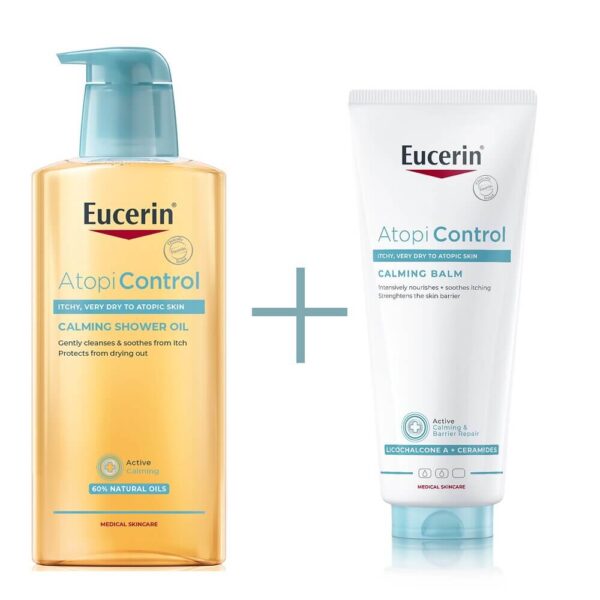 Eucerin AtopiControl Успокояващ балсам за тяло 400 мл + Eucerin AtopiControl Измиващо душ-олио 400 мл Комплект