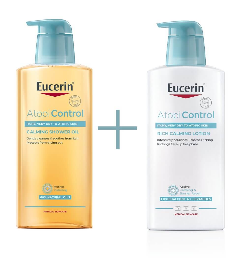 Eucerin AtopiControl Успокояващ лосион за тяло 400 мл + Eucerin AtopiControl Измиващо душ-олио 400 мл Комплект