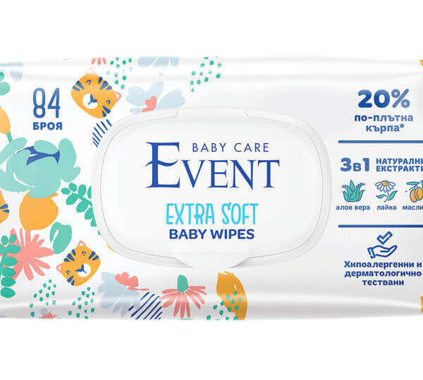 Event Baby extra soft 3in1 Мокри кърпи с алое, лайка и маслина х 84 броя