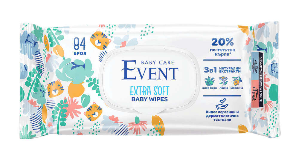 Event Baby extra soft 3in1 Мокри кърпи с алое, лайка и маслина х 84 броя