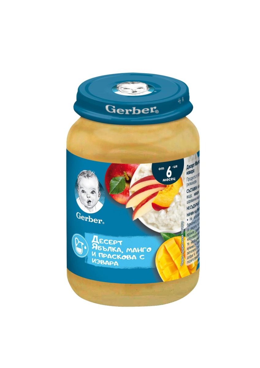 Gerber Плодово пюре с ябълки, манго, праскови и извара 6м+ 190 гр