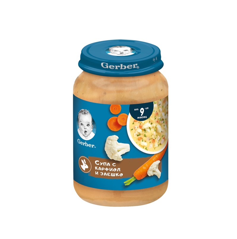 GERBER® Храна за бебета Супа с карфиол и заешко пюре от 9-ия месец бурканче 190 гр