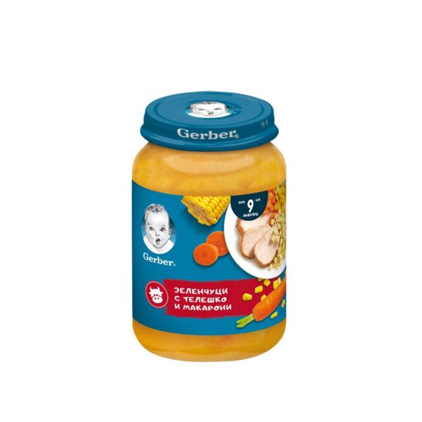 GERBER® Храна за бебета Зеленчуци с телешко и макарони пюре от 9-ия месец бурканче 190 гр