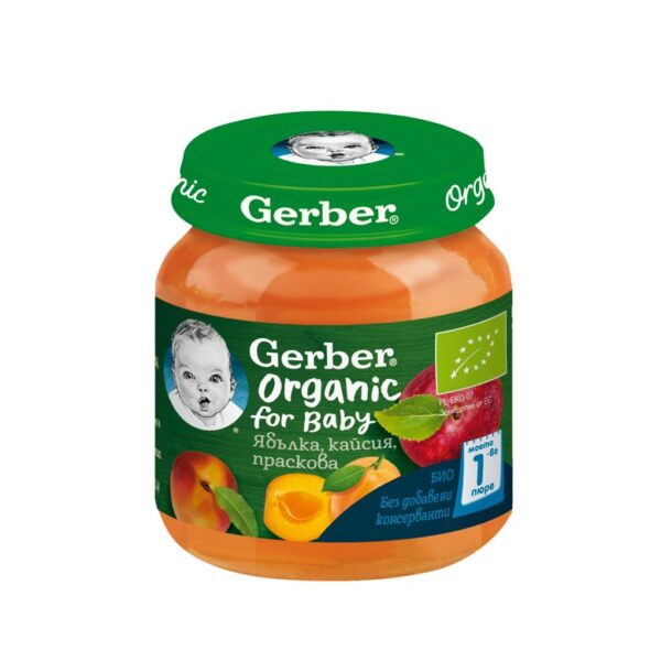 Gerber® Organic Храна за бебета Ябълка, кайсия, праскова от 6-ия месец бурканче 125 гр