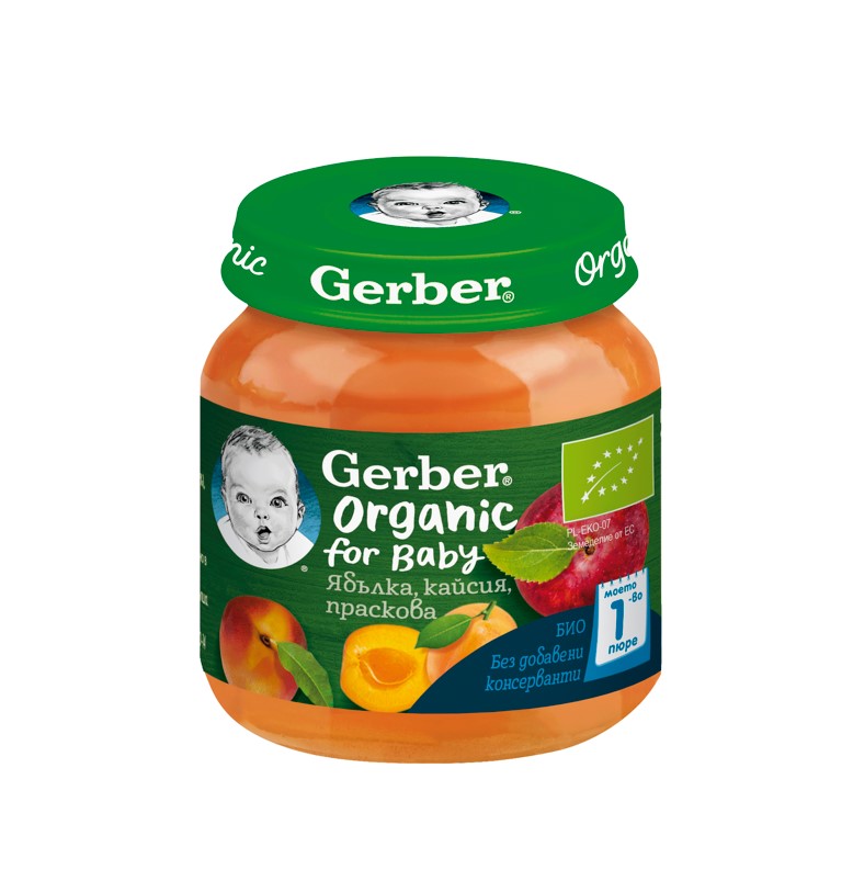 Gerber® Organic Храна за бебета Ябълка, кайсия, праскова от 6-ия месец бурканче 125 гр